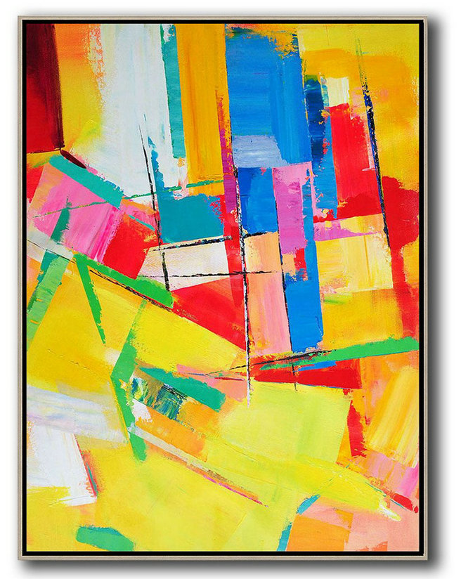 Vertical Palette Knife Contemporary Art,Large Colorful Wall Art,Yellow,Red,Blue,Purple
